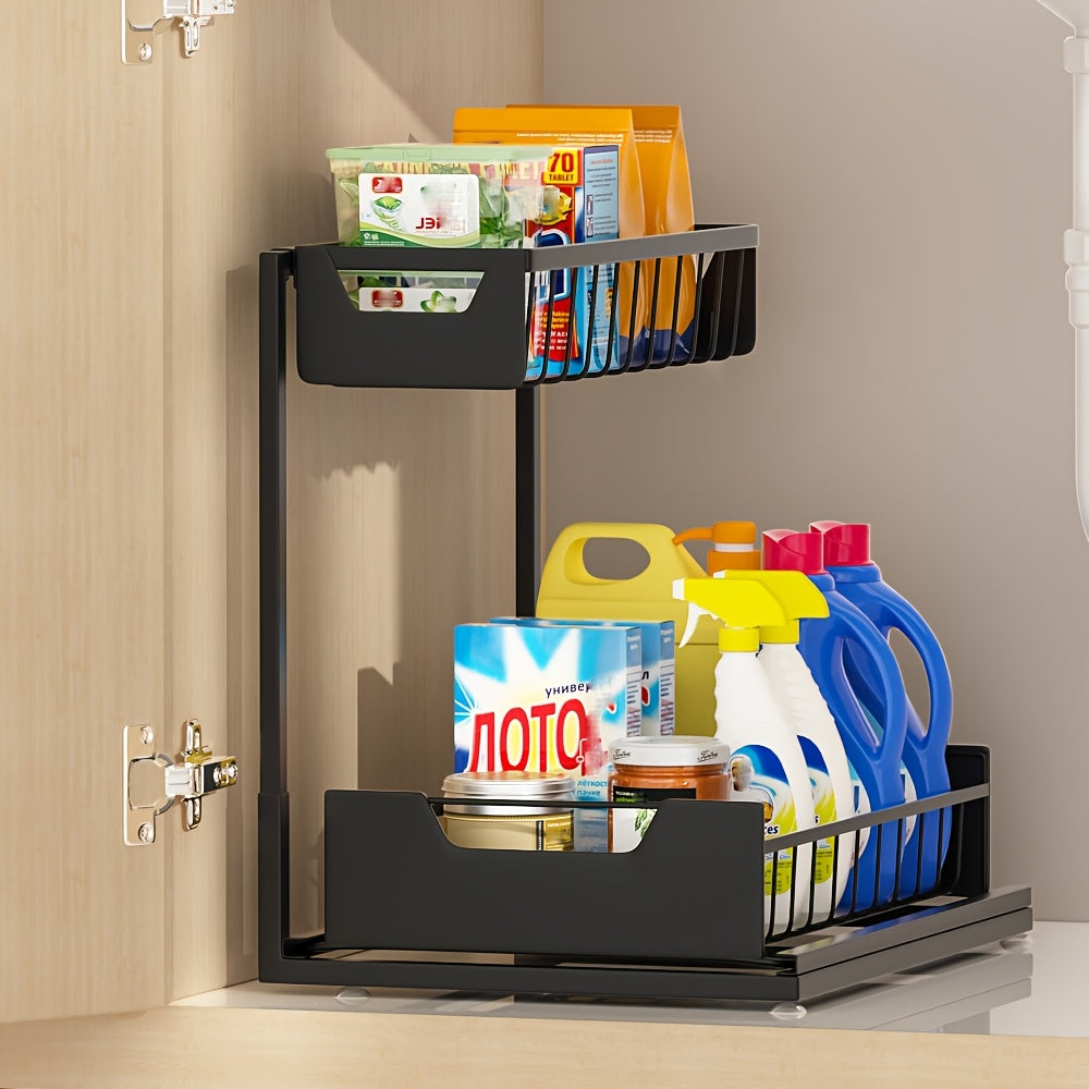 2-Tier Sliding Under Sink Organizer Rack Kitchen Lower Sink Sorting Sliding Pull-out Cabinet Sorting Rack Metal Sliding Drawer For KitchenBathroom Refrigerator Cabinet Organization Rack Simple And Practical Kitchen Storage Essentials (1pack/2pack)
