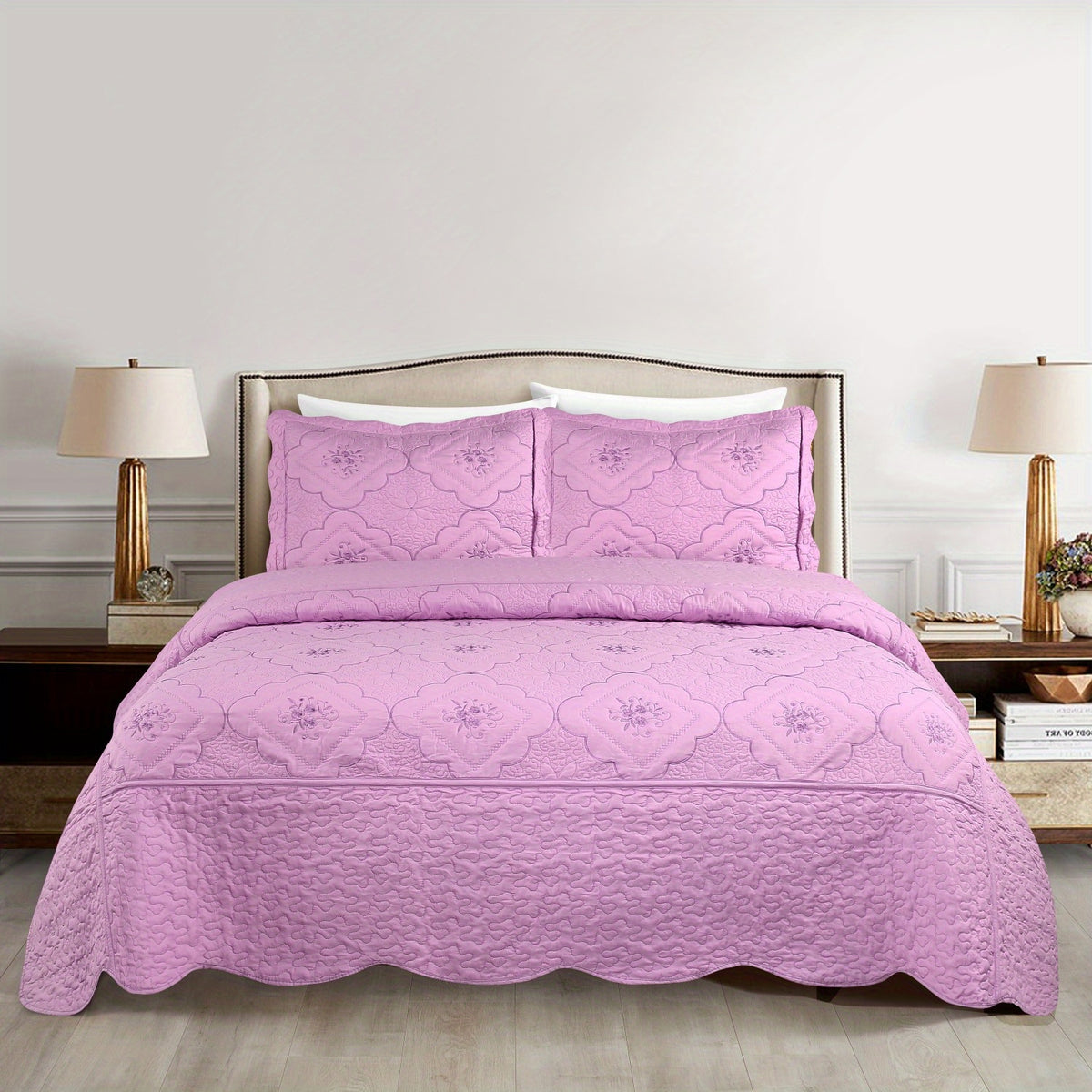 3pcs Exquisitely Crafted King/ Queen Size Quilted Bedspread Set with Intricate Floral Embroidery - 100% Polyester, Wrinkle - Resistant, Lightweight, Perfect for Adding A Touch of Elegance To Your Bedroom Decor