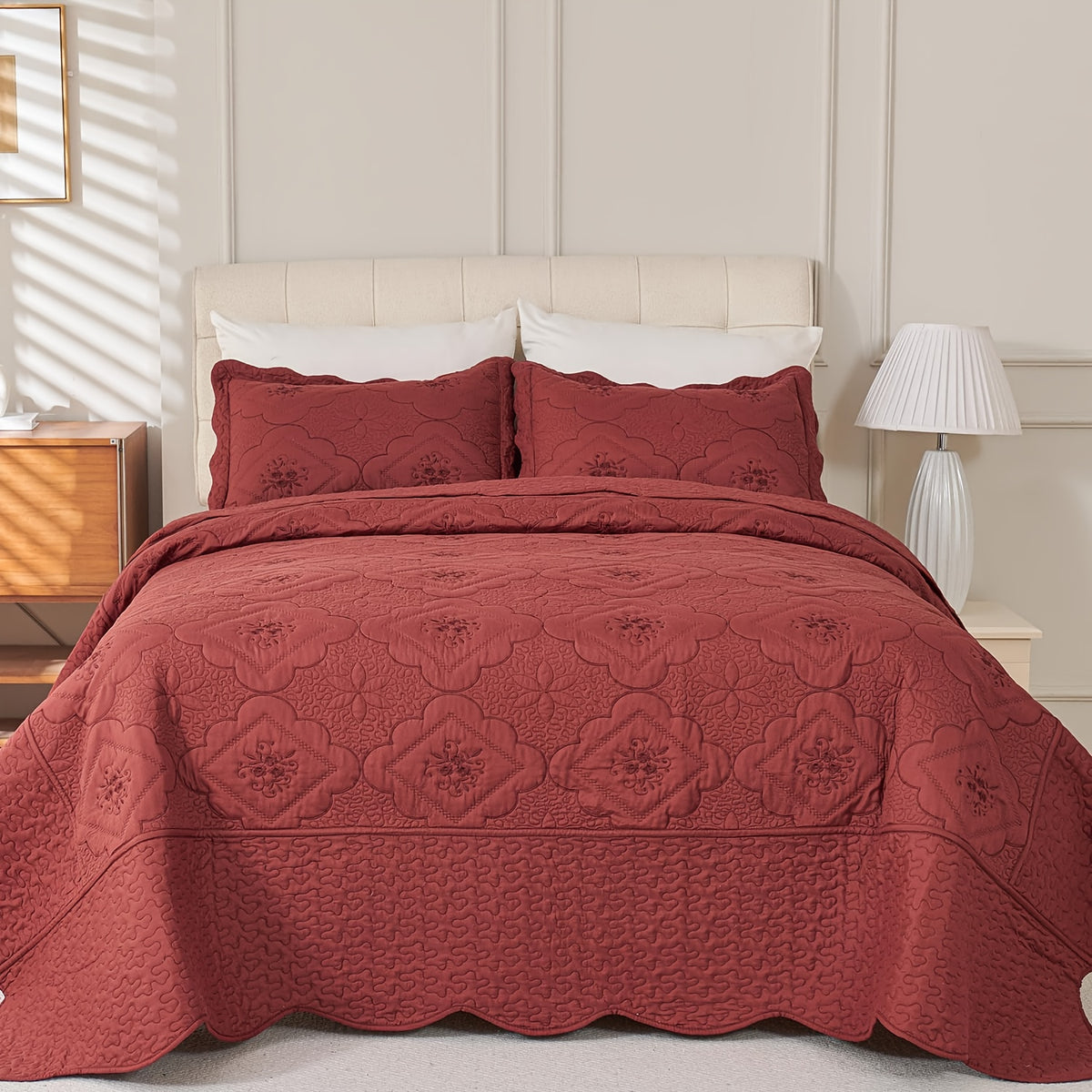 3pcs Exquisitely Crafted King/ Queen Size Quilted Bedspread Set with Intricate Floral Embroidery - 100% Polyester, Wrinkle - Resistant, Lightweight, Perfect for Adding A Touch of Elegance To Your Bedroom Decor