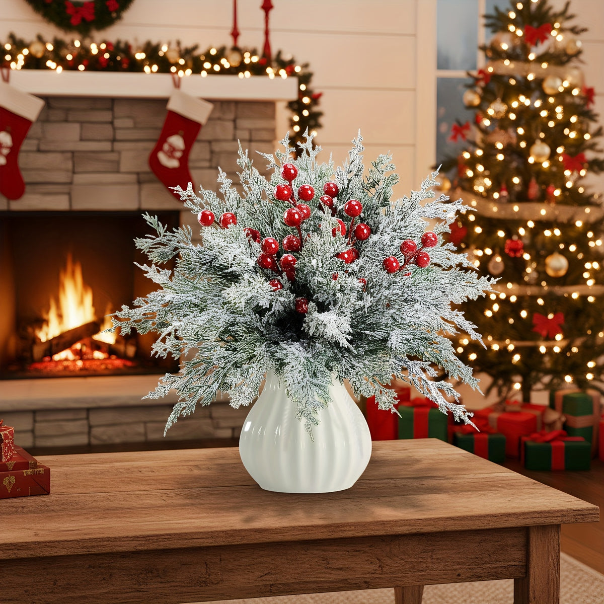 20pcs 14in Artificial Christmas Greenery Stems with Red Berries for DIY Wreaths, Xmas Tree Decor, Holiday Centerpieces, Indoor Home Decor, Christmas Vase Fillers