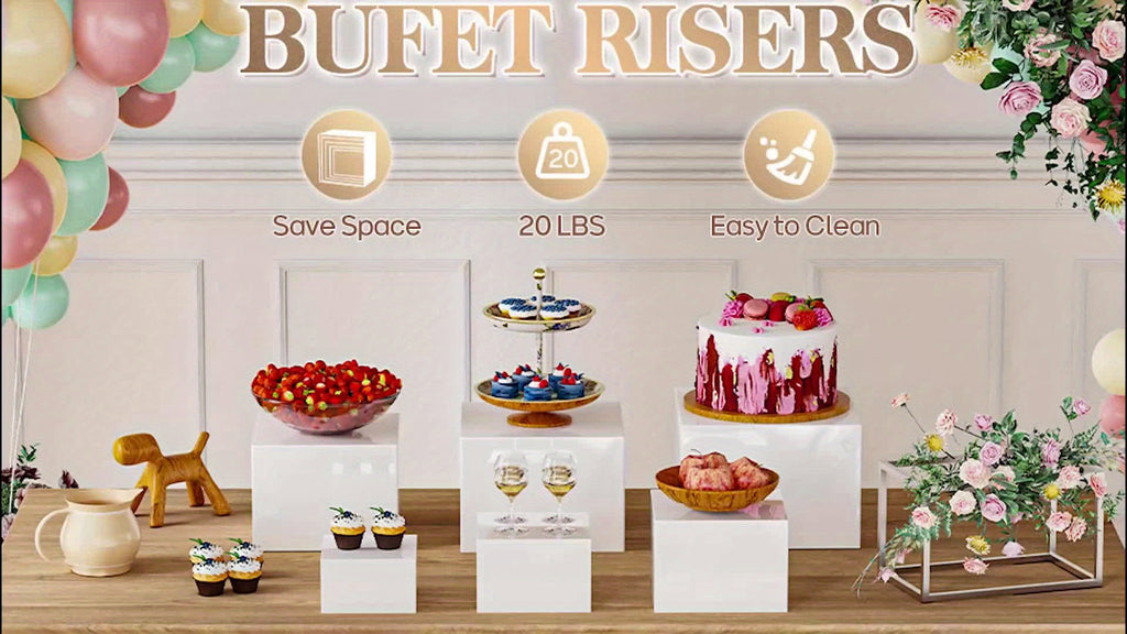 6pcs Buffet Risers, Food Risers for Buffet Table Display Stand Shelf for Party Catering Dessert Collectibles Acrylic Cube Boxes Display with Hollow Bottoms White Set, (3", 4", 5", 6", 7", 8", 9", 10")