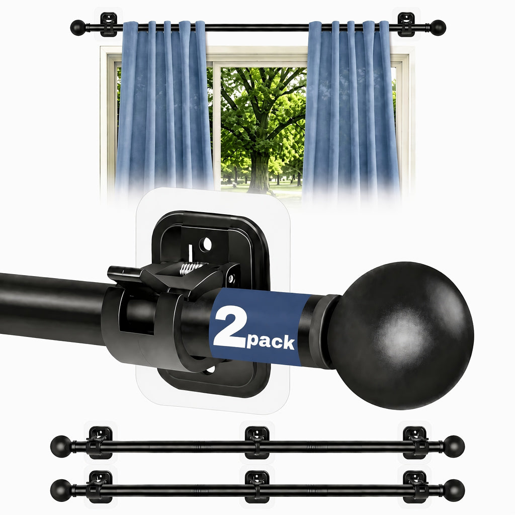 Curtain Rods No Drilling For Windows, 5/8 Inch Diameter Drapey Pole With No Drill Curtain Rod Brackets (2pcs, Black, 30 To 45")