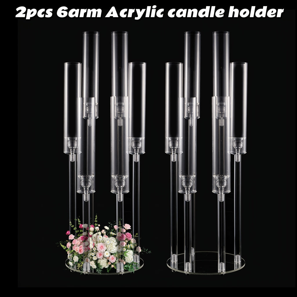 2/4/10/12/20pcs Christmas Acrylic Candleholders For Wedding Bulk, 26.8in Clear Candelabra 6 Arm Candlestick Candle Holder Acrylic For Home Decoration, Party Table Center, Valentine's Day, Anniversary