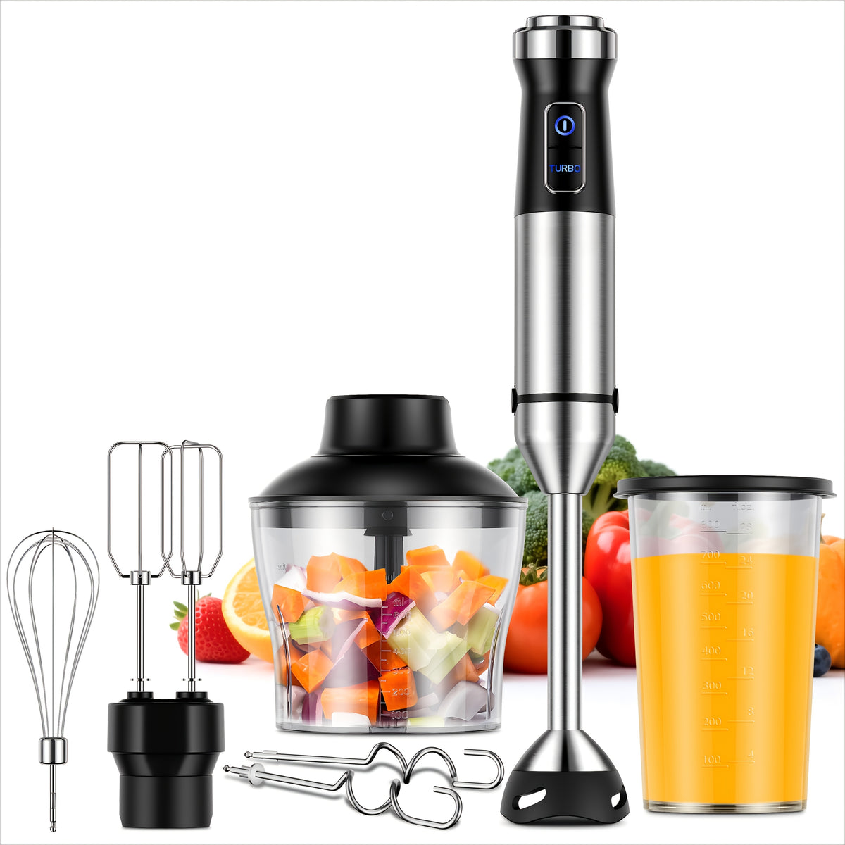 7-in-1 Immersion Blender Handheld 1000W 20-Speed & Turbo Mode, Scratch Resistance Hand Blender WIth Dough Hooks, Egg Beaters, Whisk, 27.05oz Beaker, 20.29oz Chopper Titanium Blades, BPA-Free