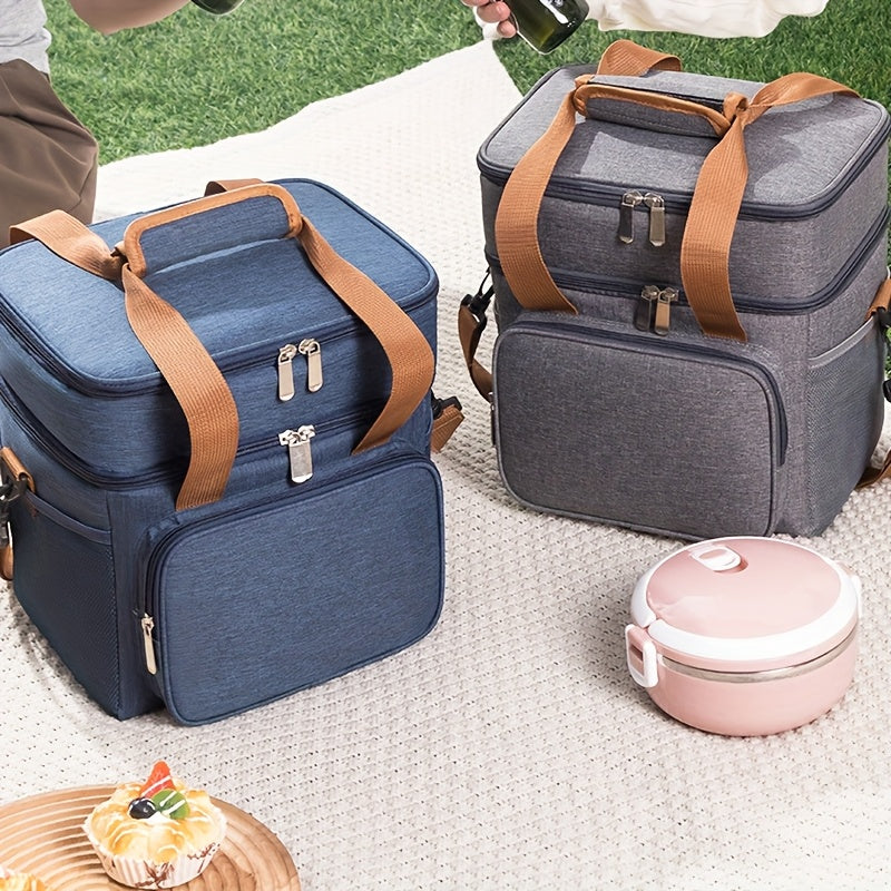 Expandable Double-Layer Insulated Lunch Bag - Leakproof, Durable Cooler Tote for Work, Office, Picnic & Beach - Lightweight with Adjustable Shoulder Strap