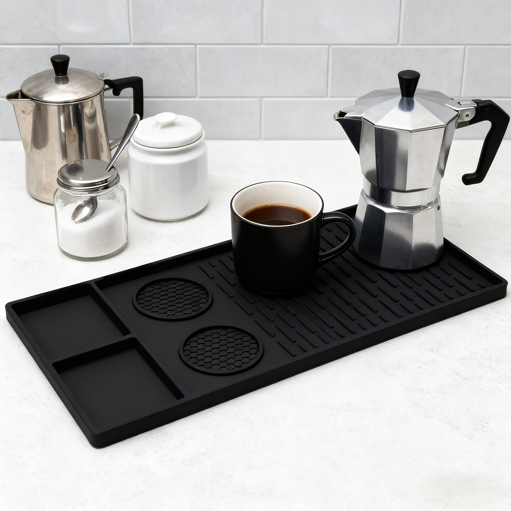 2-in-1 Silicone Coffee Mat with Raised Edges, Countertop Coffee Bar Mat, Suitable as a Coffee Bar Accessory for Under Coffee Machines and Espresso Machines, Dish Drying Mat, Black, 23.6'' X 15.7''