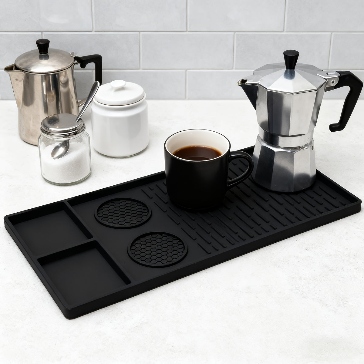 2-in-1 Silicone Coffee Mat with Raised Edges, Countertop Coffee Bar Mat, Suitable as a Coffee Bar Accessory for Under Coffee Machines and Espresso Machines, Dish Drying Mat, Black, 23.6'' X 15.7''