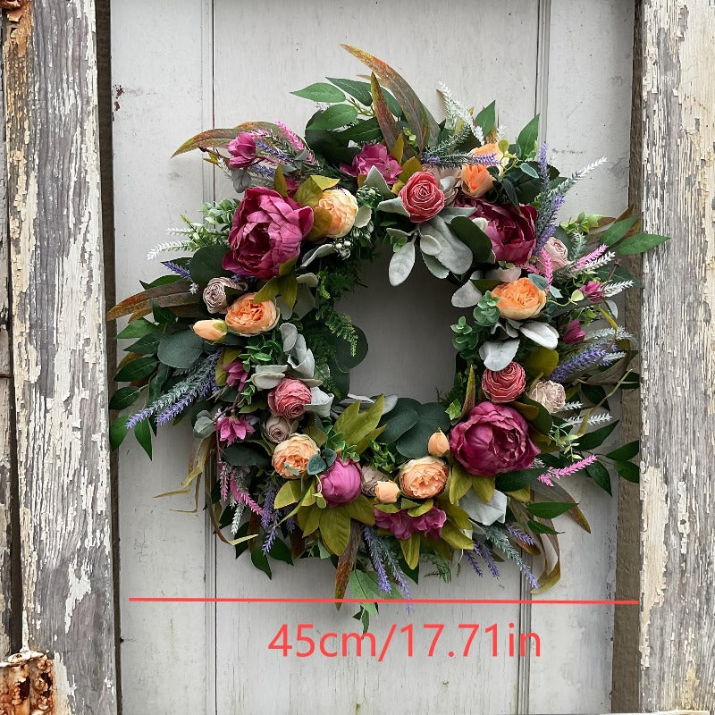Elegant Peony & Roses Wreath with Pink, Purple, Peach, & Green Foliage - Durable Plastic Farmhouse Door Decoration for Spring Summer Home Decor, Contemporary Floral Wreath with Lush Foliage & Pastel Hues, Easy to Install with Adhesive/Screws, All-Season I