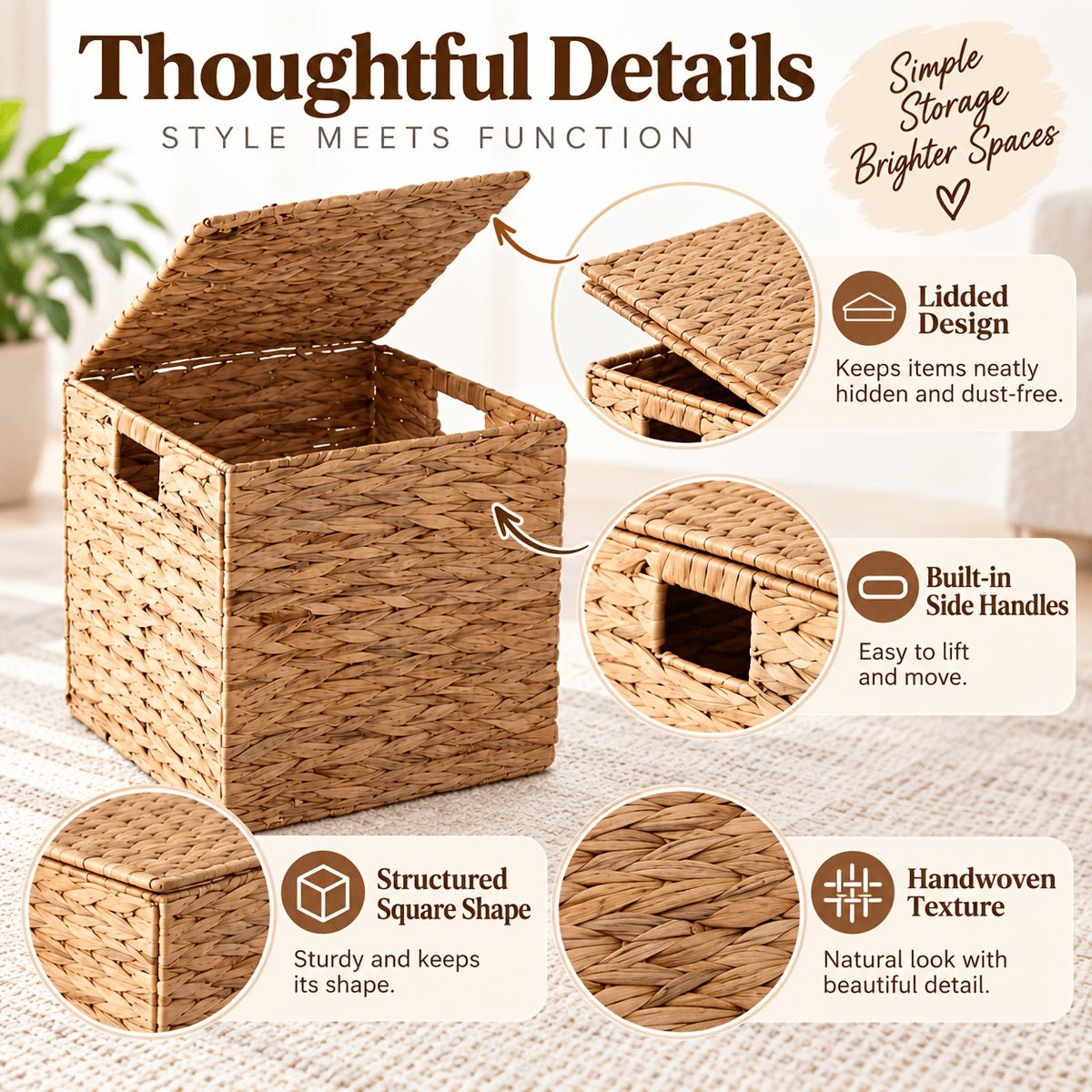 2pcs/4pcs Hyacinth Wicker Baskets Woven Baskets for Storage Baskets for Shelves Water Hyacinth Wicker Storage Basket Square Cub Natural Rattan Basket for Towels, S, Magazines and Kitchen Organizati, Shelf Baskets