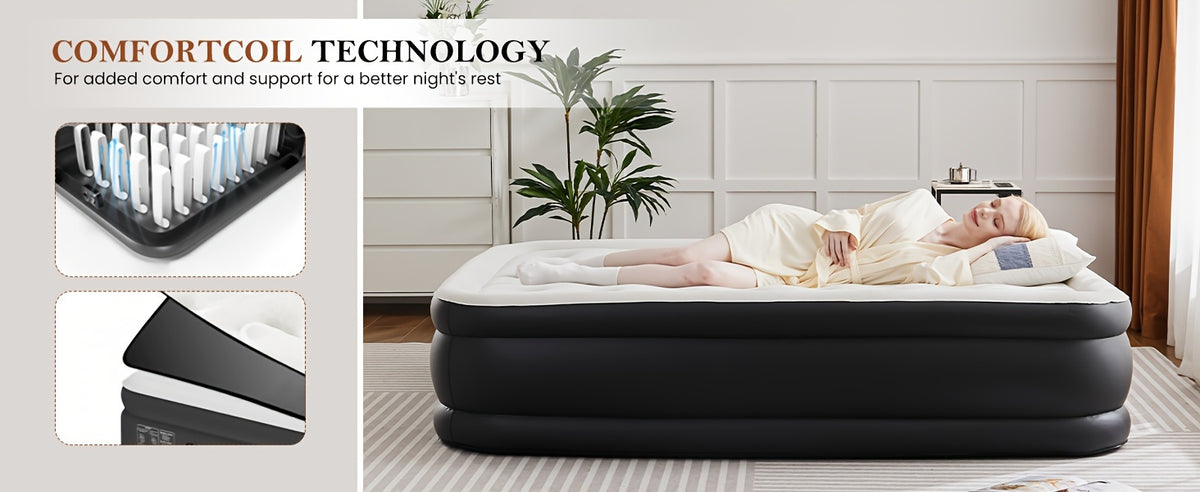 Air Mattress With Coil Beam Support, Plush Velvety Top Non-Slip Bottom For Stability On Smooth Floors And Carpets, Available In Two Sizes And Three Heights, Can Hold Up To 660 Pounds