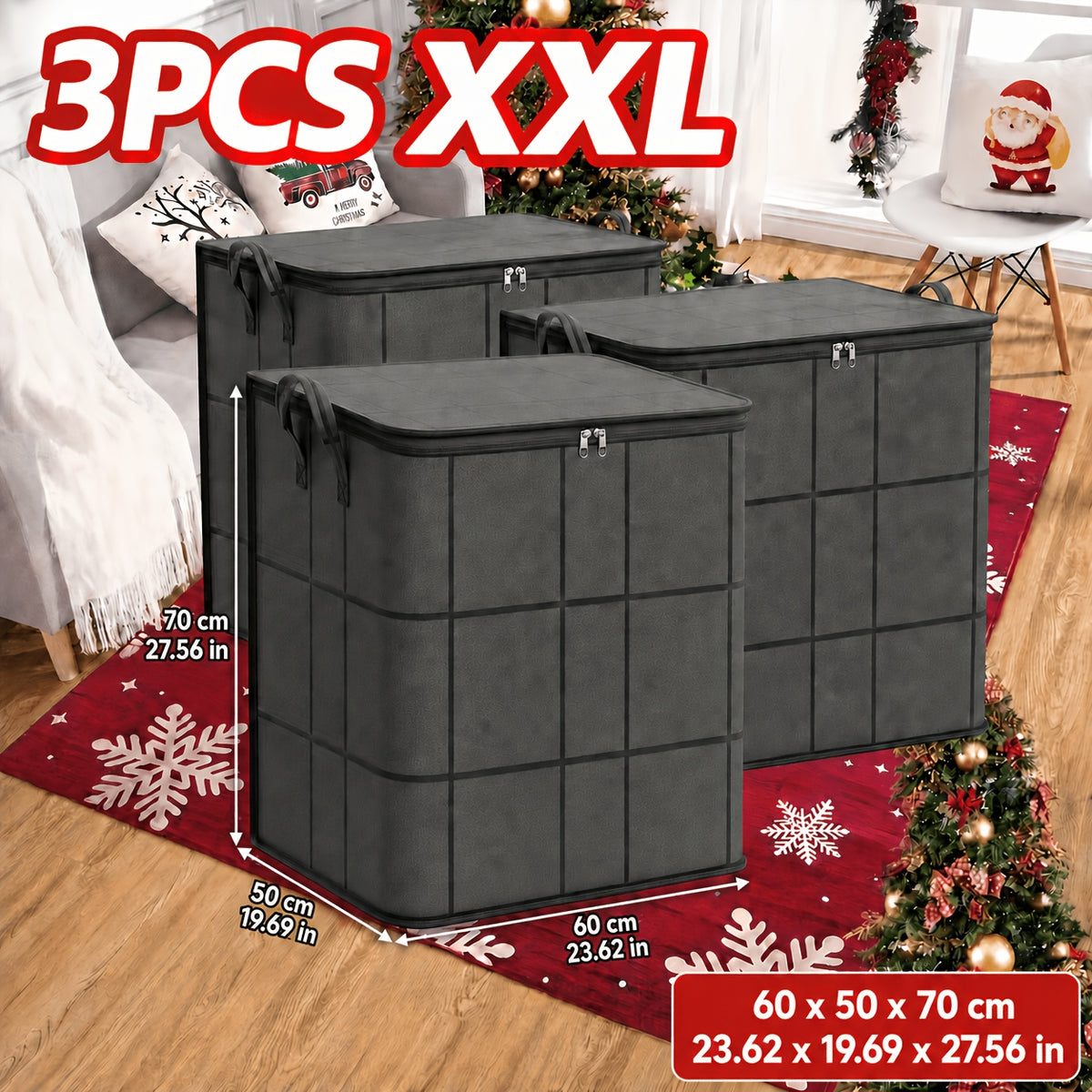 3 Pack Large Clothes Storage Bags, Foldable Wardrobe Storage Bag, Large Capacity Storage Box, Household Double Zipper Organizer Bag with Handles for Clothes And Quilts, Suitable for Moving, Travel, Storage Basket, And Under-Bed Storage Bag