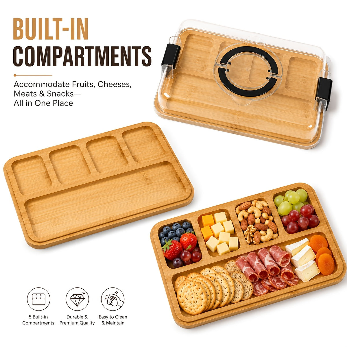 Cutting Board Charcuterie Tray with Clear Lid, 5-Compartment Bamboo Serving Board with Handle And Side Locks, Reusable Snack Platter for Cheese, Fruit, Crackers, Appetizers, Party, Picnic, Kitchen, Holiday Gathering