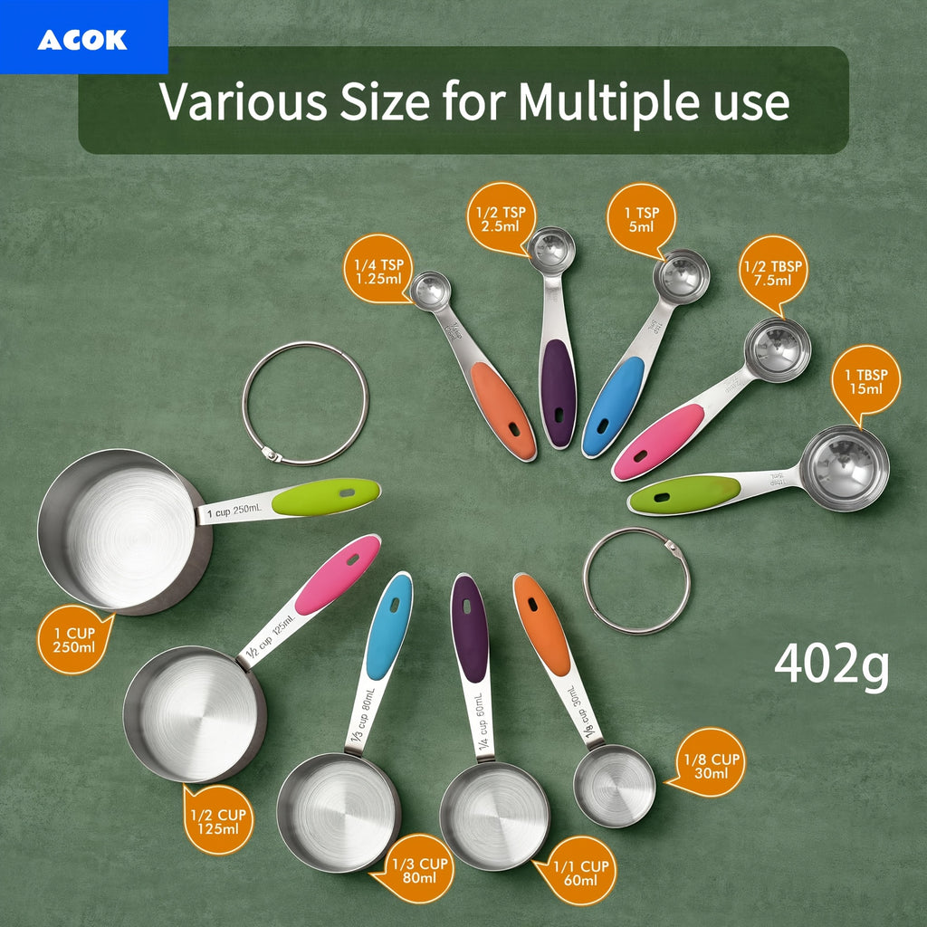 5pcs Measuring Spoon Set/10pcs Measuring Spoon Measuring Cup Set, Stainless Steel, With Silicone Handle, Precise Measuring Tool For Cooking | Essential For Christmas Baking