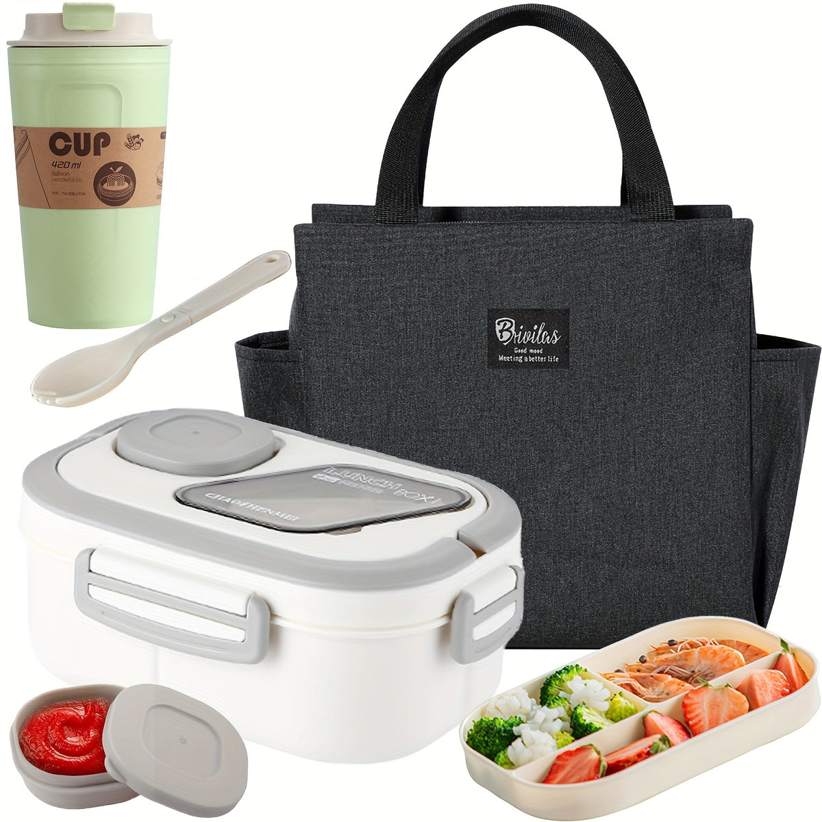 Two Tier Bento Lunch Box, Divided Meal Container in Pink, Blue, Green or White with Optional Cup and Lunch Bag Sets for School, Office and Picnics