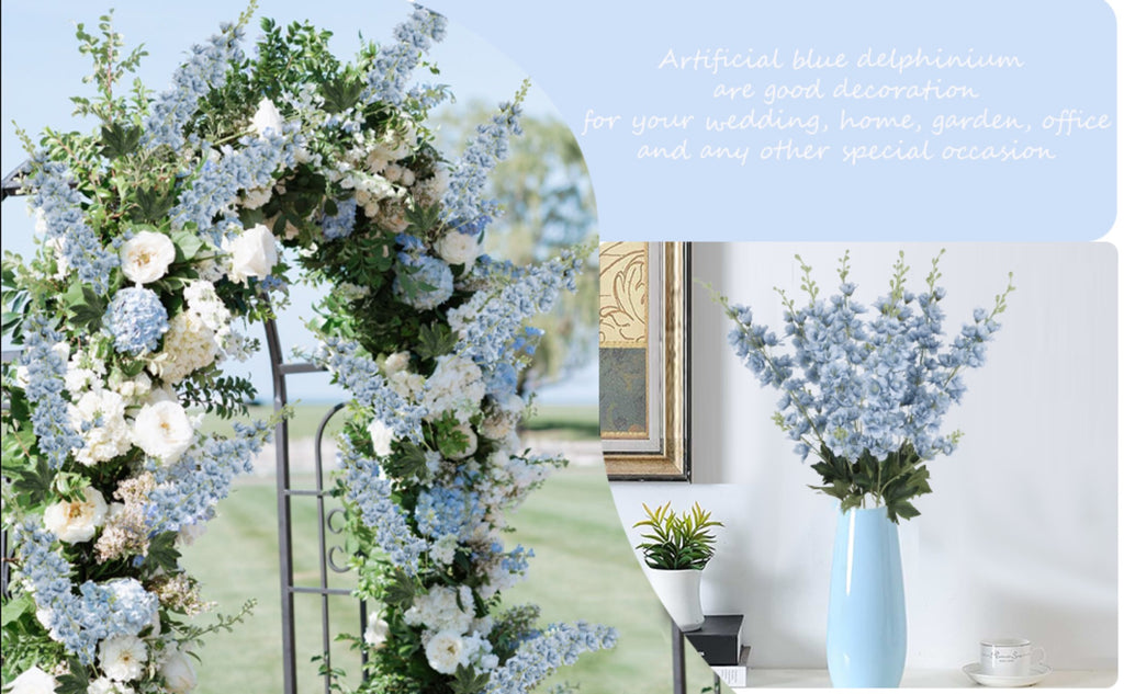 8pcs Dusty Blue Delphinium Artificial Flowers 33.5 Inch Faux Delphinium Stems Larkspur Flowers for Wedding Table Centerpieces Home Garden Decor