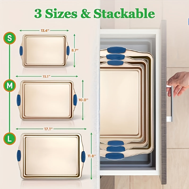 2/3/6/12/23pcs Non-Stick Baking Sheet Set, Assorted Size Cookie Trays with Orange & Blue Silicone Handles, in Gray, Black & Golden, Stackable Bakeware for Baking & Roasting