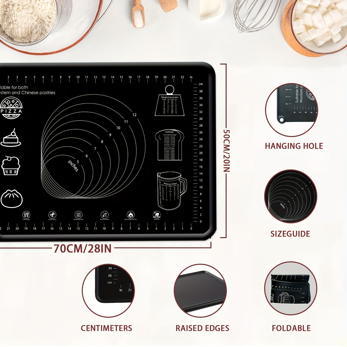Extra-Thick Silicone Pastry Mat, Non-slip Silicone Baking Mat, Reusable Dough Rolling Mats with Measurements, Perfect for Baking, Pizza & Cake Dough, Odor-Free with Natural Dye, Silicone Mat for Dough, Baking Mat Extra Thick, Dough Mat
