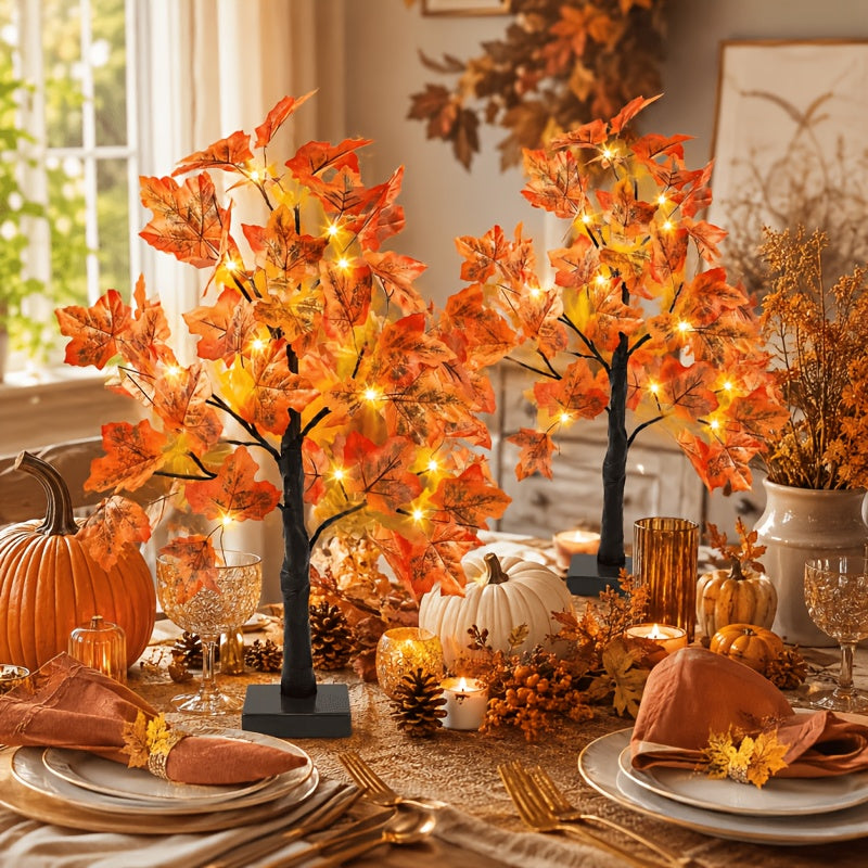 2pcs Thanksgiving & Autumn Table Lamps, 21.26 Inch Tree Lights Decorated with Fall Maple Leaves, Artificial Decor Trees with 24 Battery-Powered LEDs, Ideal for Indoor Spaces, Home Rooms, Balconies, Holiday Events And Halloween Parties