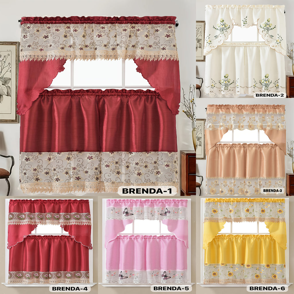 3pcs Bamboo Embroidered Kitchen Curtain Set, Floral Embroidery, Lightweight and Soft, Easy Care, Machine Washable, Satin Fabric, Embroidered