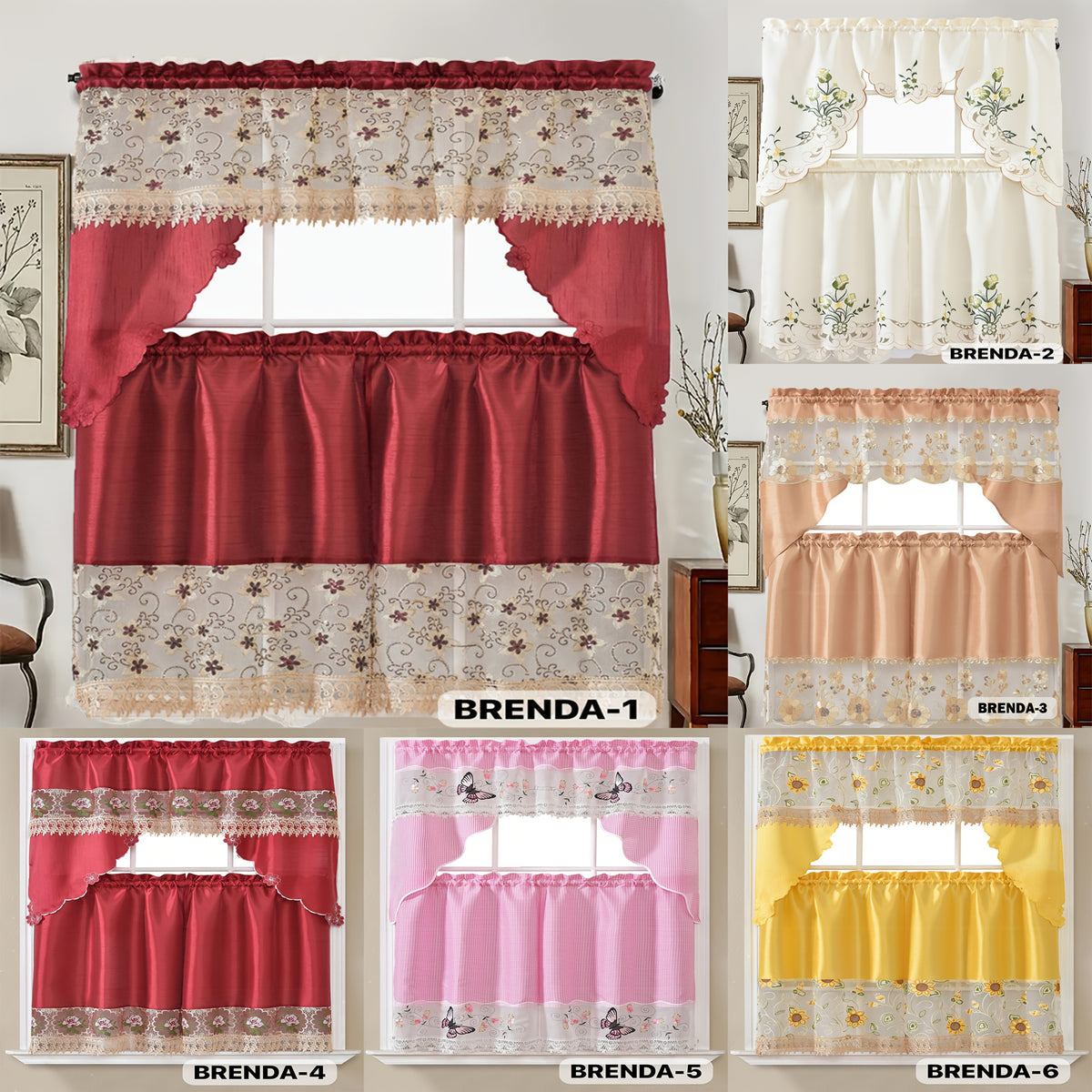 3pcs Bamboo Embroidered Kitchen Curtain Set, Floral Embroidery, Lightweight and Soft, Easy Care, Machine Washable, Satin Fabric, Embroidered