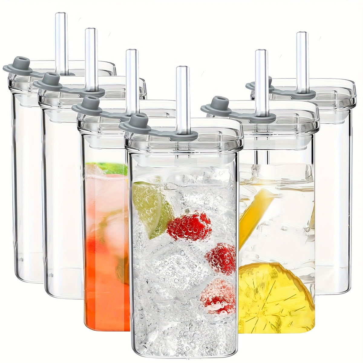 4 Packs/6 Packs, Glass Water Cup, High Borosilicate Glass with Lid And Straw, Women's Korean Square Lid, Transparent, Simple Flat Bottom, Heated Household Coffee Cup, Juice Cup