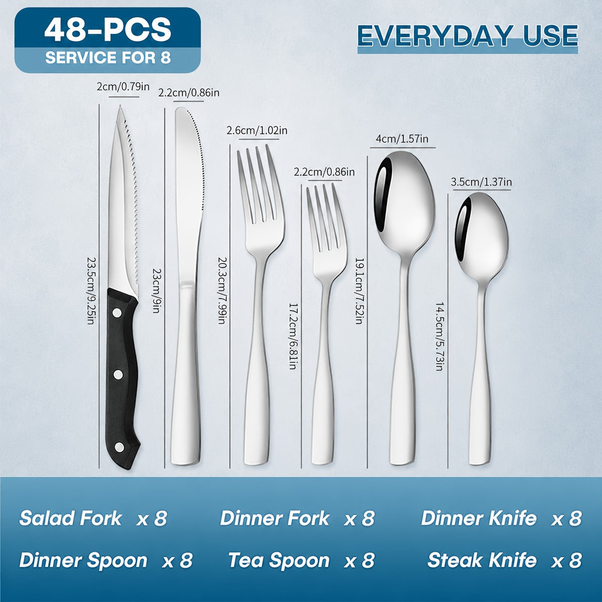 48pcs Black Silverware Set with Steak Knives Service for 8, Stainless Steel Flatware Set, Mirror Polished Kitchen Additions, Home Kitchen Party Eating Tableware Set, Includes Fork Knife Spoon Set, Dishwasher Safe