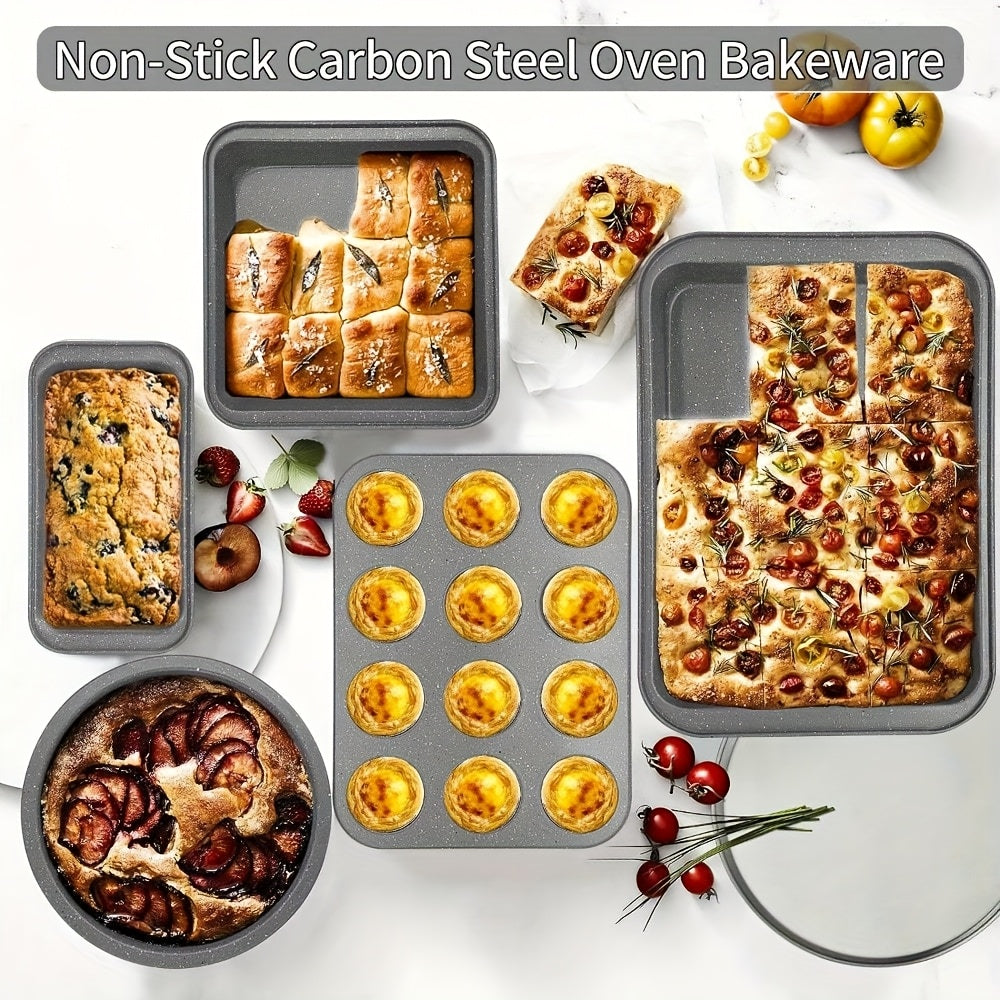 2/6/7/8/12/16/18pcs Nonstick Baking Pans Set Kitchen Baking Sheets Oven Bakeware Sets Round/Square Cake Pan Muffin Pan, Loaf Pan, Roast Pan, Cookie Sheet Baking Supplies Grey Measuring Spoon Scraper Rack Whisks Bread Bag Muffin Cups Spatulas