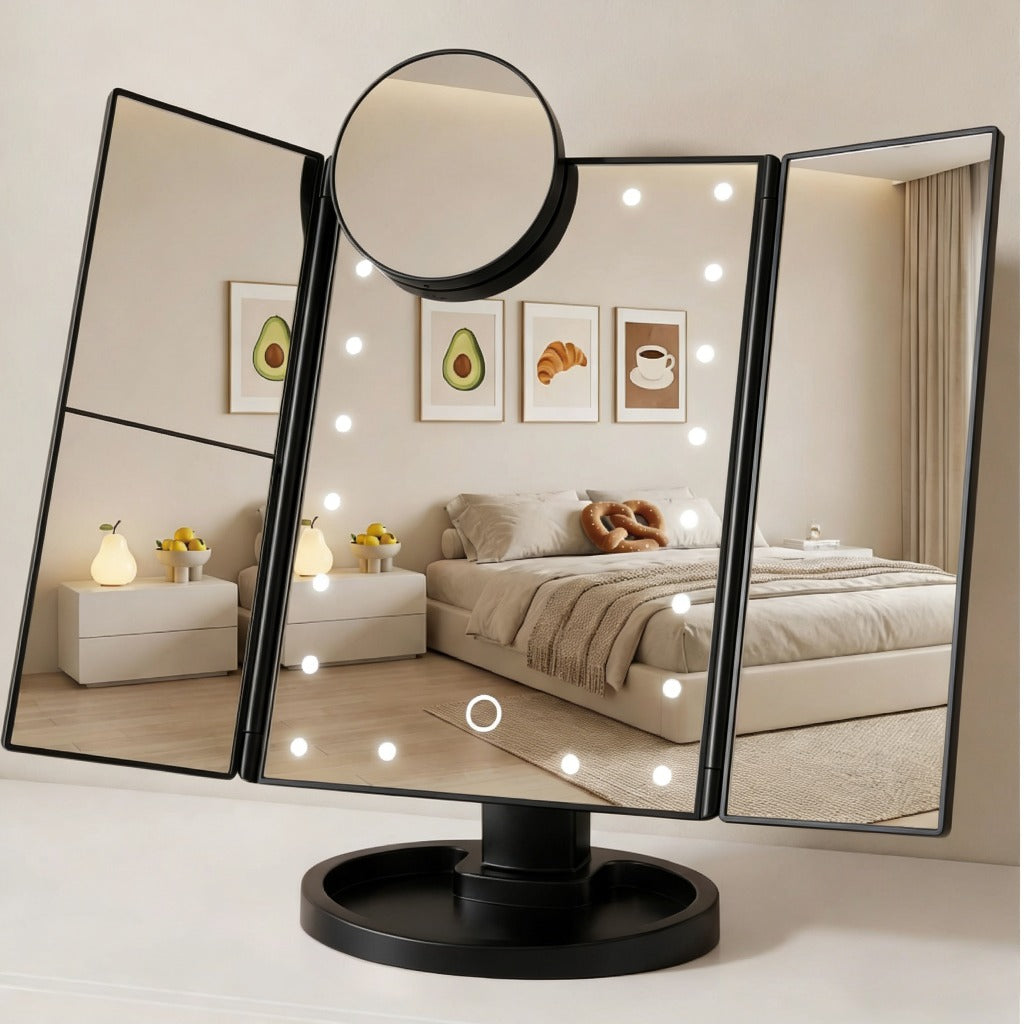 Makeup Mirror with Lights, Tri-Fold LED Vanity Mirror Touch Screen, 1X 2X 3X 10X Magnifying, Adjustable Base, Travel Mirror for Desk, Gift for Women, Rose Golden/Black
