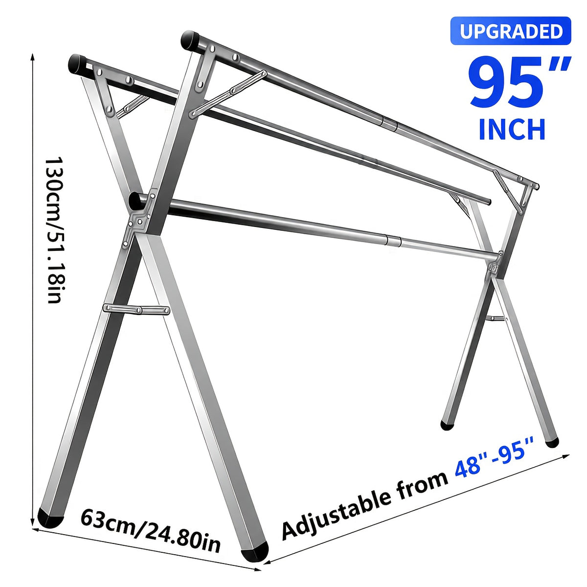Three-Bar Foldable Clothes Drying Rack, 63", 78.7" & 95'' Retractable Length, Indoor & Outdoor Use, Durable Metal Collapsible Laundry Drying Rack, Heavy Duty Stainless Steel Clothesline Drying Racks, Drying Racks
