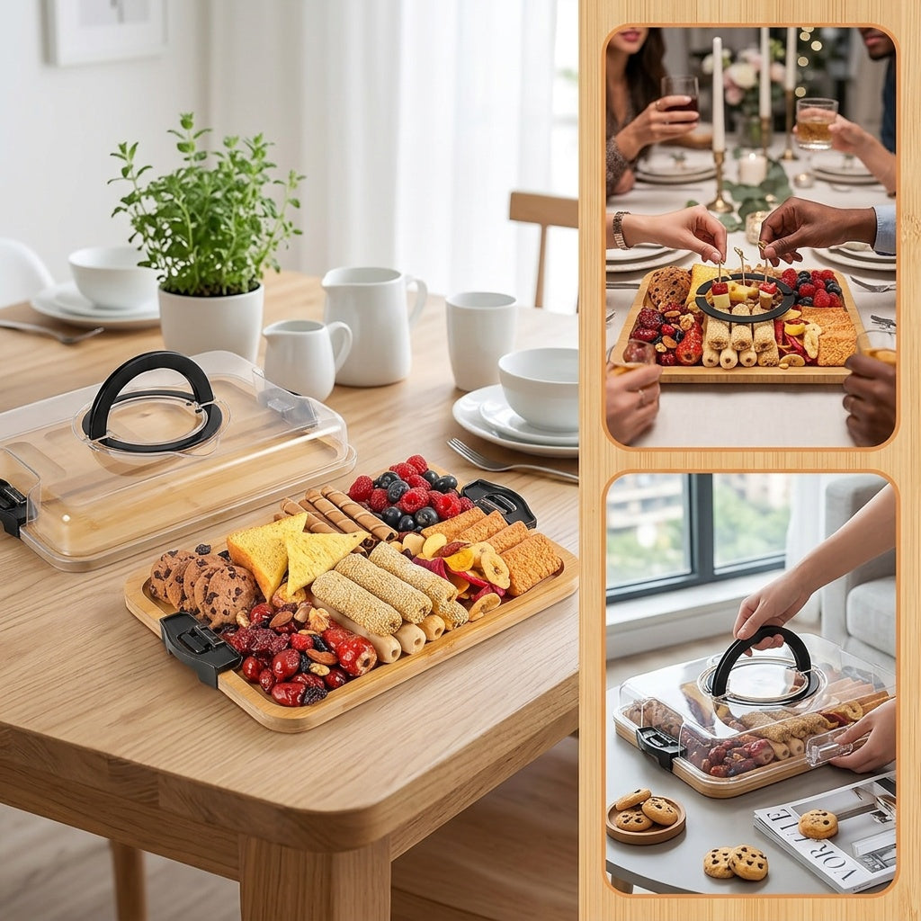A Bamboo Tray with a Transparent Lid - Bamboo Charcuterie Cheese Board - Divided Tray with Handles And Locking Lid - 5 Compartments - Snack Tray - Portable Serving Platter - Suitable for Parties, Outdoor Picnics, Camping, And Gift Preparation