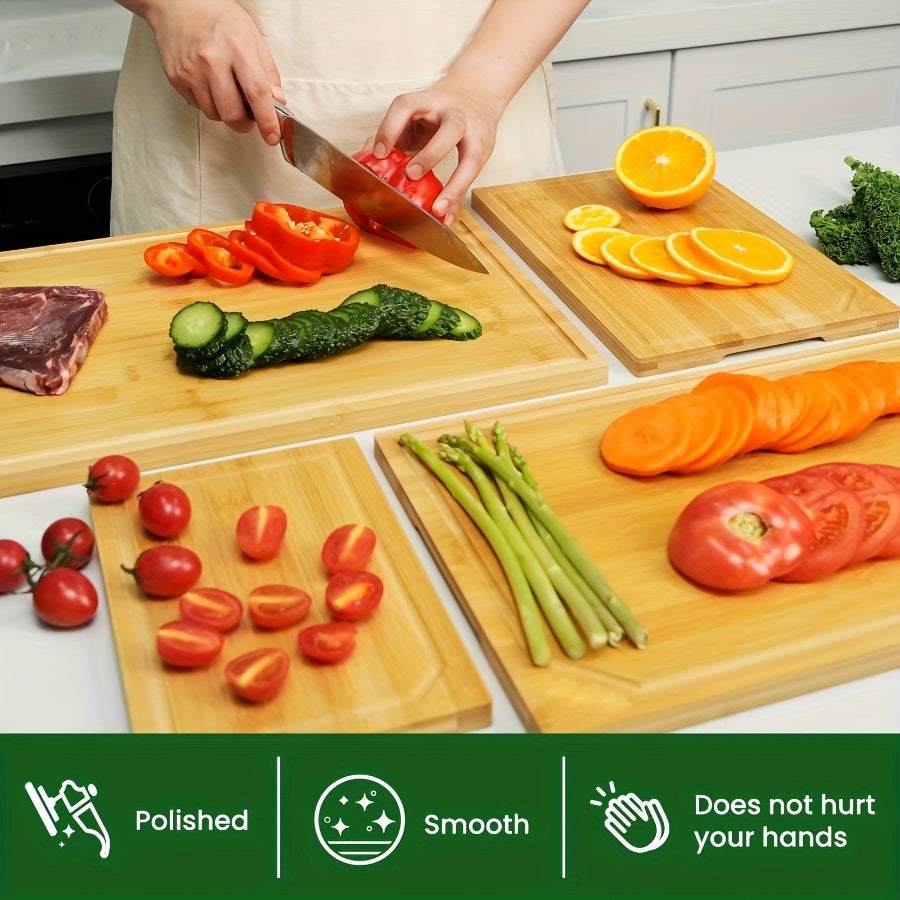 4pcs of Oversized Bamboo Chopping Board Set with Juice Tank Design, Suitable for Durable Chopping Boards for Meat, Vegetables and Fruits. Mother's Day/ Father's Day Gifts, Essential Kitchen Tools for Family and Friends., Fruit Slicing, Oversized