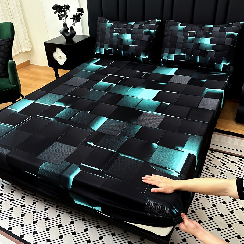 2D Flat 3pcs Cool Technology Digital Printing Material Plaid Fitted Sheet(1pc Bed Sheet+2pcs Pillowcase No Filling)Deep Pocket In 15 Inch At Home Dormitory Suitable for All Seasons Mattress Protector