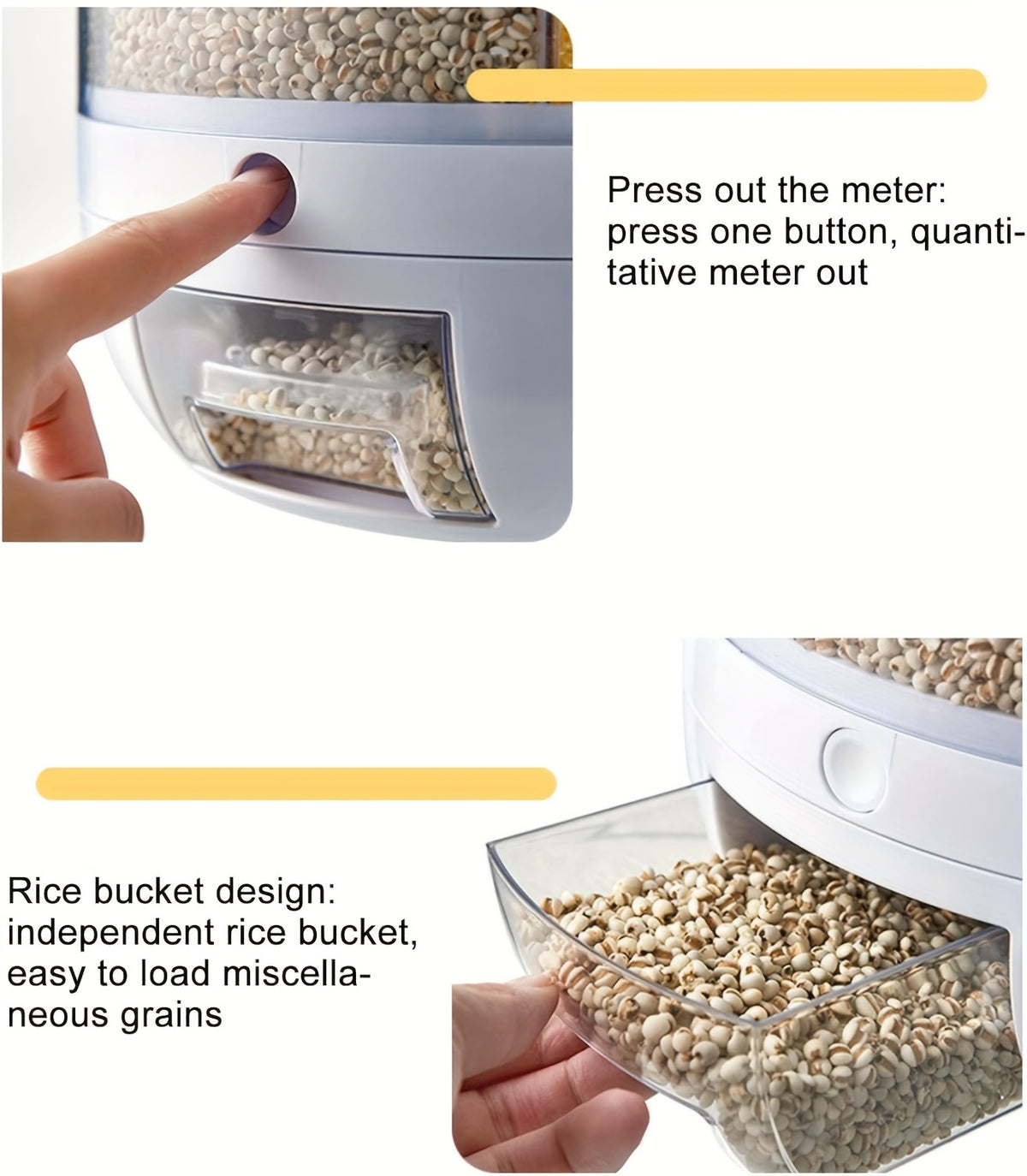 Grain Storage Container Dispenser, 19Lbs Rice Dispenser Rotating, 360° Rotating Food Dispenser One-Click Output Rice Storage Round Grain Dispenser Kitchen For Small Grains, Beans, Rice