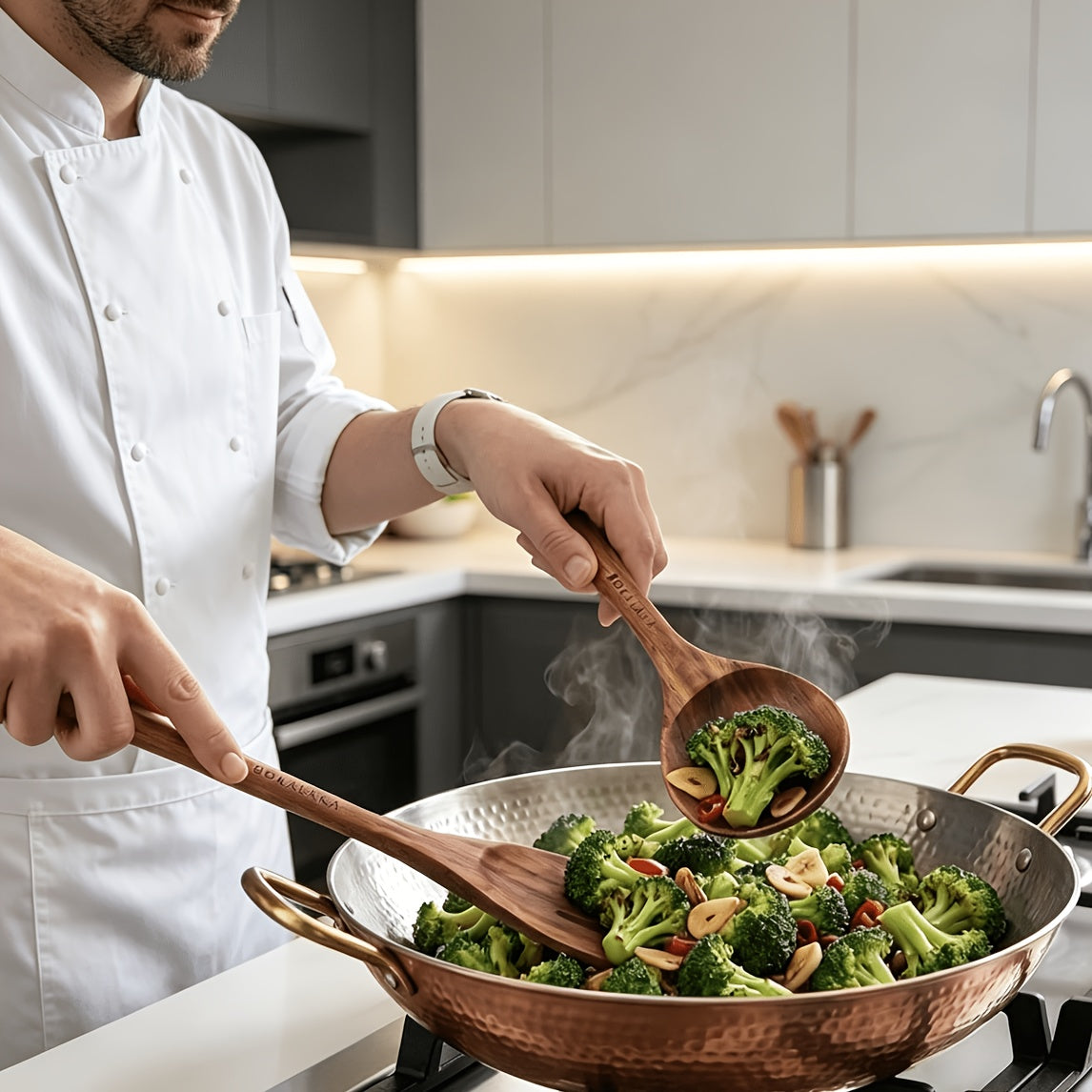 10pcs Non Stick Cookware Set, Wooden Kitchen Utensils, Heat-resistant, Including Shovel And Perforated Wooden Spoon. It Is A Stylish And Durable Wooden Multifunctional Set Suitable For Kitchen, Cooking, Baking, As Well As Casual And Formal.900g