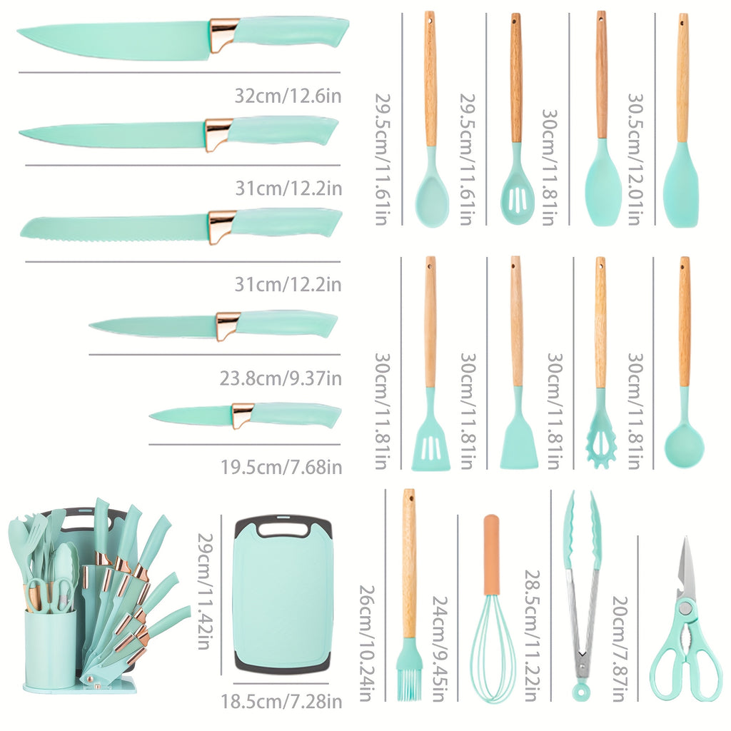 19pcs Kitchen Knife And Utensil Set, Non-Stick Black Knife Set with Wooden Handles, Silicone Cooking Tools, Cutting Board, Scissors And Holder, Best Gift for Parents