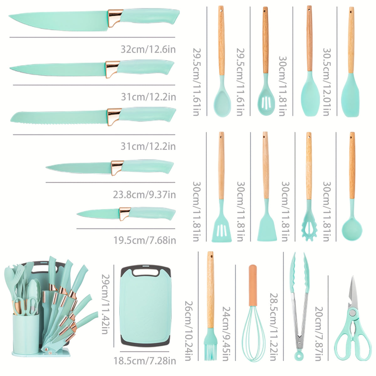 19pcs Kitchen Knife And Utensil Set, Non-Stick Black Knife Set with Wooden Handles, Silicone Cooking Tools, Cutting Board, Scissors And Holder, Best Gift for Parents