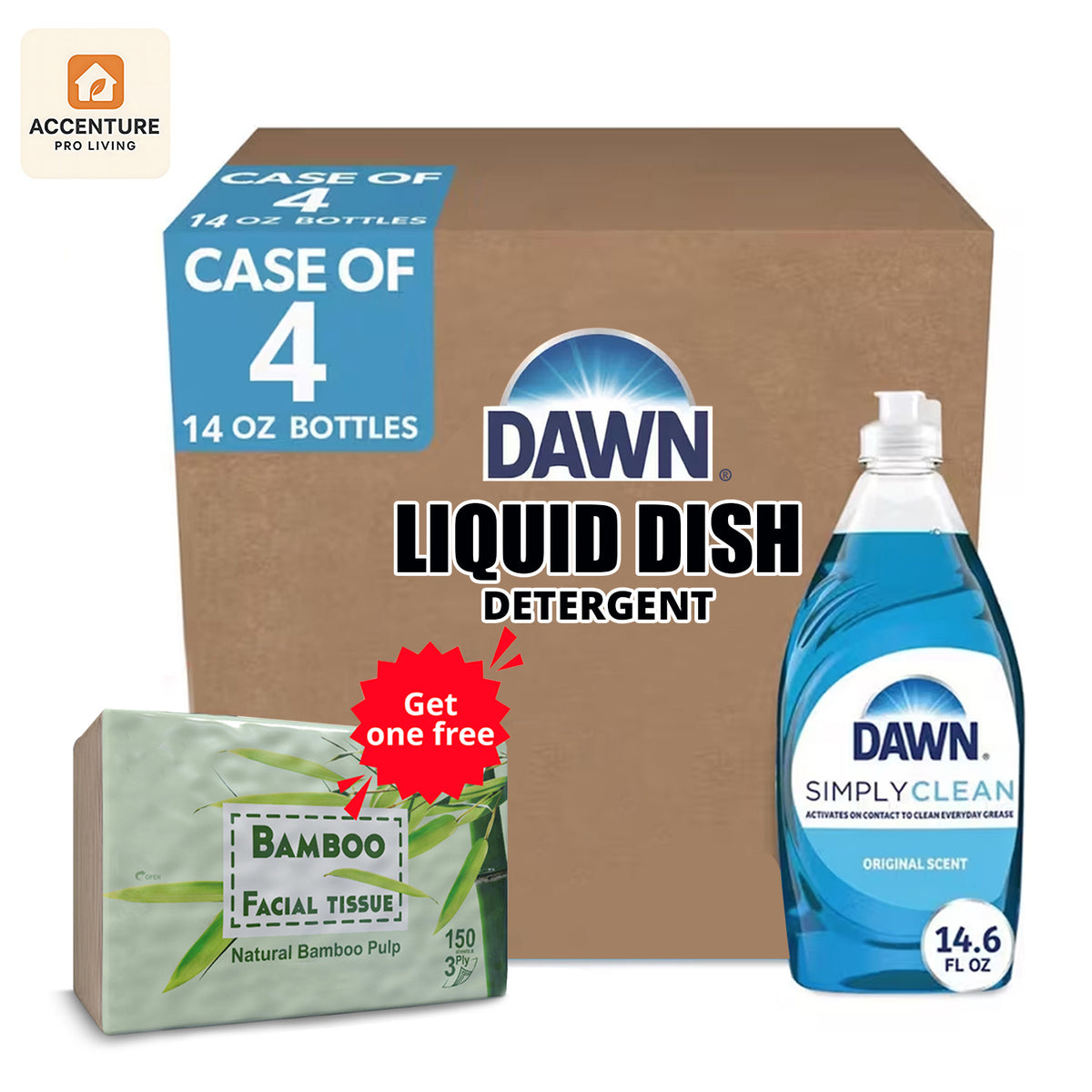 Value Pack of 4 Dawn Simple Clean Dish Soap Detergent, Ultra Original Scent, 14 oz each Best for All Purpose Cleaning Dish Detergent with tissue