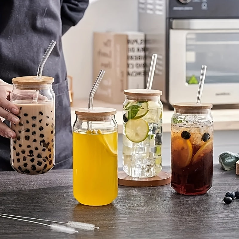 4/6pcs, 18.6oz/550ml, Including Lid, Straw, Straw Brush Glass Cup Set. The Elegant Shape Of The Drinking Cup Is An Ideal Gift, And The Can Shaped Glass Cup Is Suitable for Any Beverage And Occasion