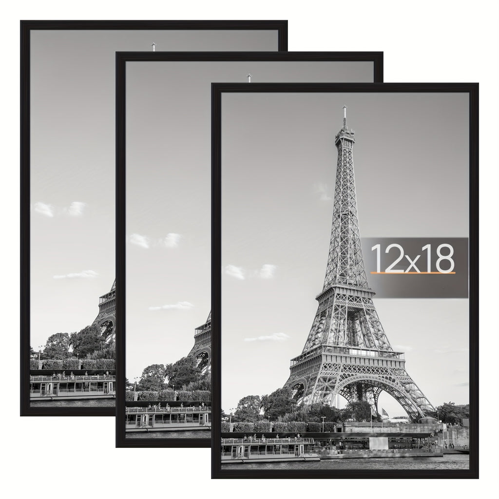 [3 Pack Black Frame] 3 Pack 12 Inchx18 Inch Frame Black, Poster Frames 12 Inch X 18 Inch for Horizontal Or Vertical Wall Mounting - Slide-In Photo Frame Strips, Scratch-Proof Wall Gallery Photo Frame