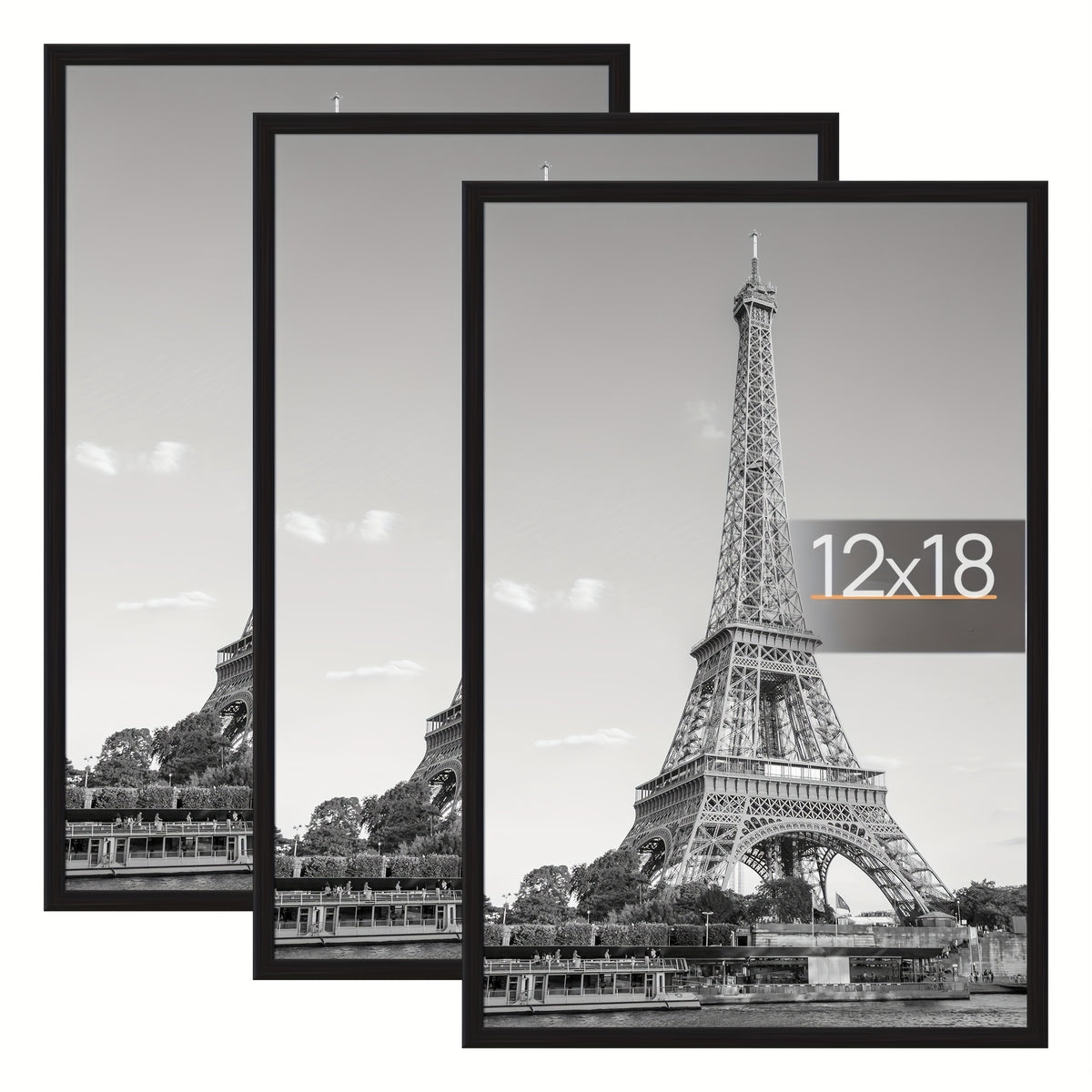 [3 Pack Black Frame] 3 Pack 12 Inchx18 Inch Frame Black, Poster Frames 12 Inch X 18 Inch for Horizontal Or Vertical Wall Mounting - Slide-In Photo Frame Strips, Scratch-Proof Wall Gallery Photo Frame
