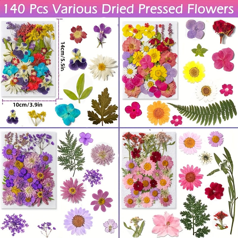 140pcs Vibrant Dried Flowers and Leaves Set - Nature-Inspired Decoration Kit for DIY Crafts, Resin Jewelry, Scrapbooking and More