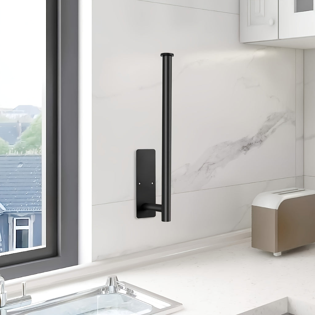 A Single Unit of a Paper Towel Holder Designed for Under Cabinets in The Kitchen, Made from SUS304 Stainless Steel And Can Be Mounted on The Wall Using Either Adhesive Or Screws. It Also Serves As a Rack for Bathroom Towels