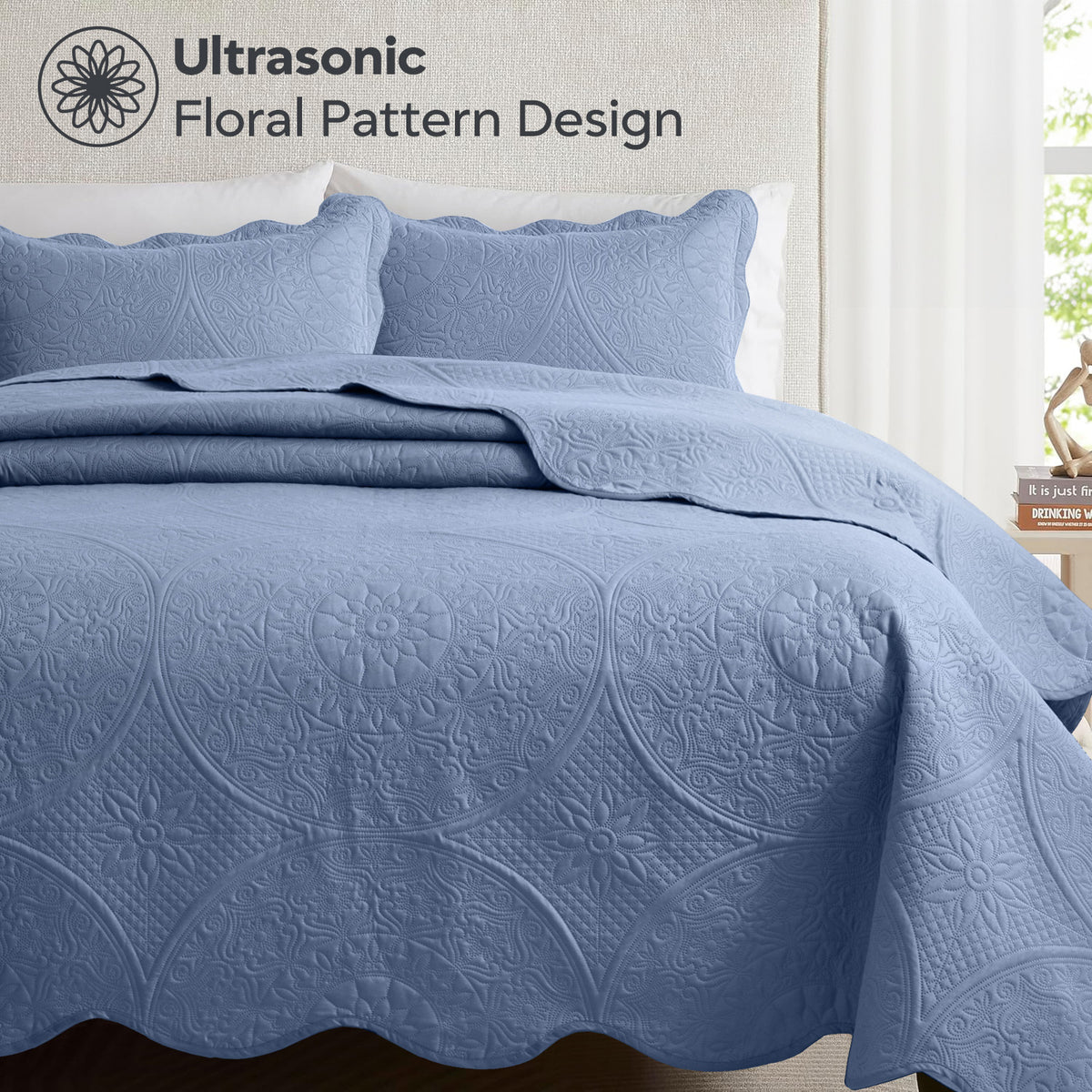 3pcs Luxury Quilted Bedspread Set – Oversize Quilt Coverlet Soft & Cozy Floral Bedspread with Pillow Shams, Breathable Lightweight for Bedroom & Guest Room Decor