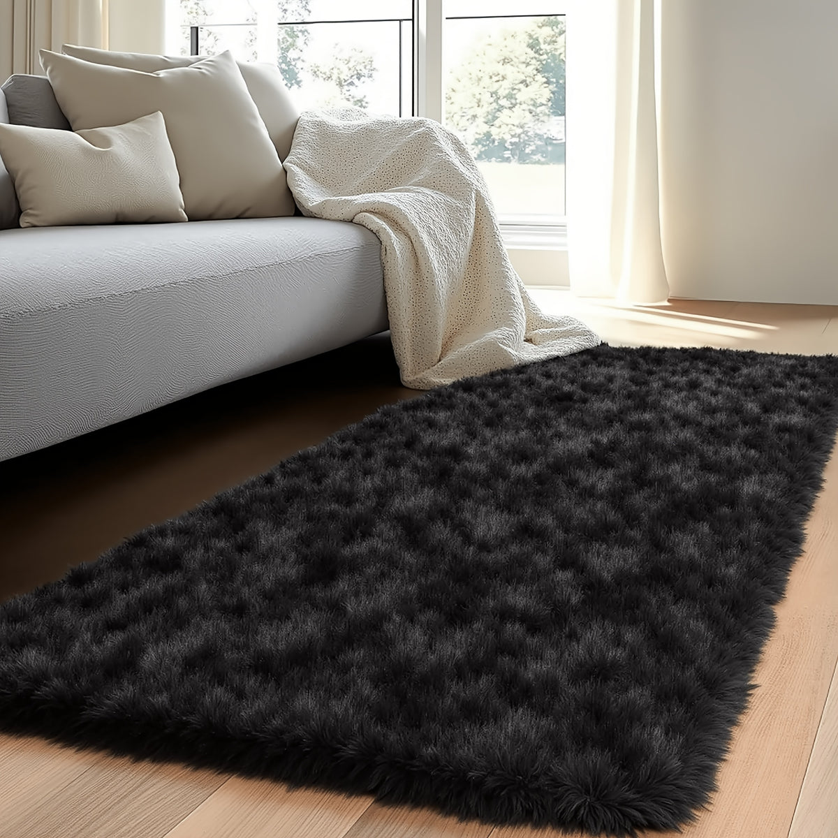 1pc Giant 71x106in Plush Area Rug | Non-Slip Fluffy, 1.6 Inch Thick, Machine Washable, Polyester, Solid Color, Rectangle, Flat Woven | Ideal for Living Room, Bedroom, Study, Makeup Room, Holiday Decoration, Cozy Home Carpet, Gray/Black