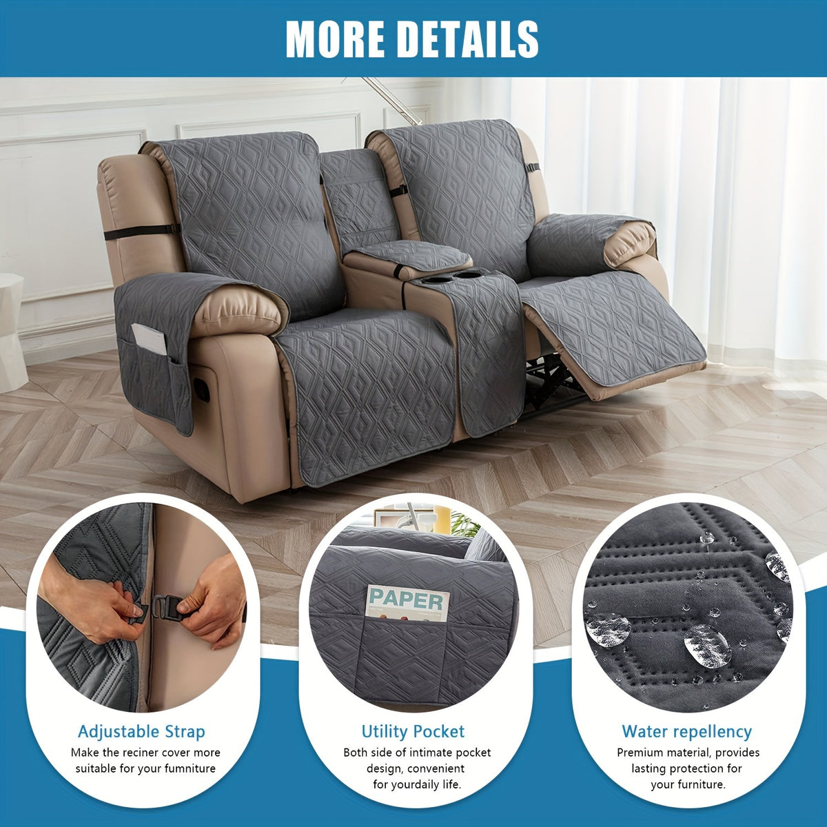 4pcs/set Loveseat Recliner Cover with CenterConsole|100% Waterproof Pet Coverfor Dual Recliner with Straps Design|Split Reclining Loveseat Cover Furniture Pet Protector, Valentine's Day Home Decorations