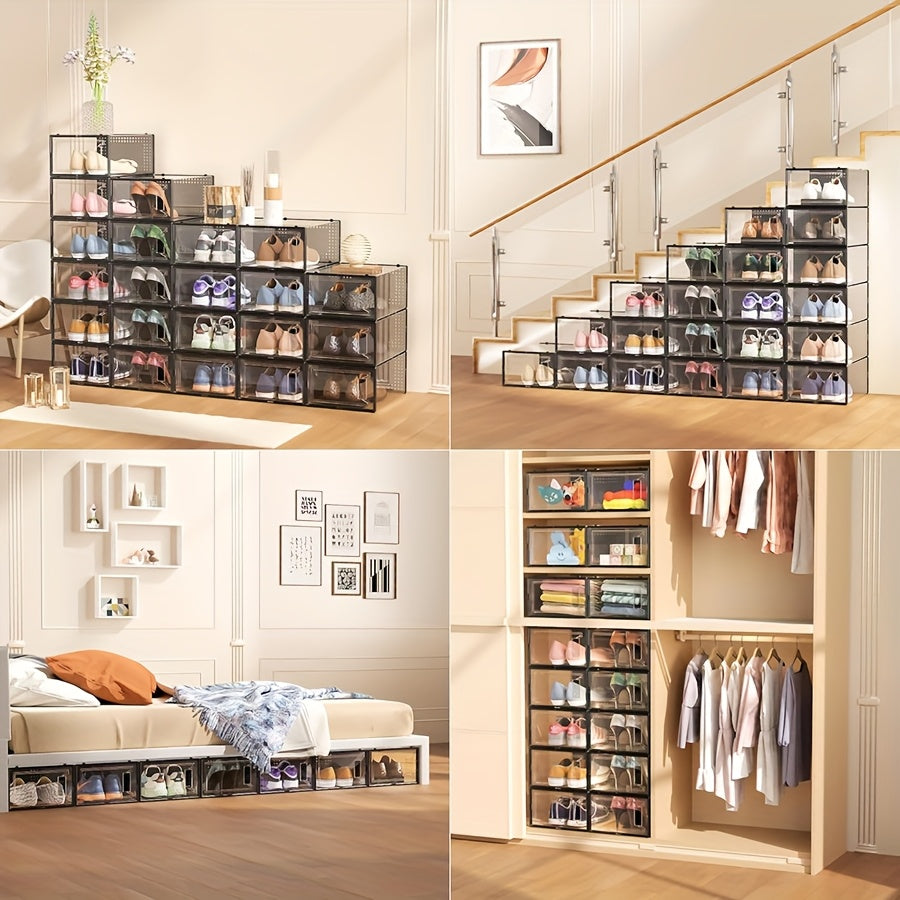 12 Pack XX Large Shoe Organizer Storage Boxes for Closet, Modular Space Saving Shoe Boxes Clear Plastic Stackable Sneaker Containers Display Case with Lids, Black02