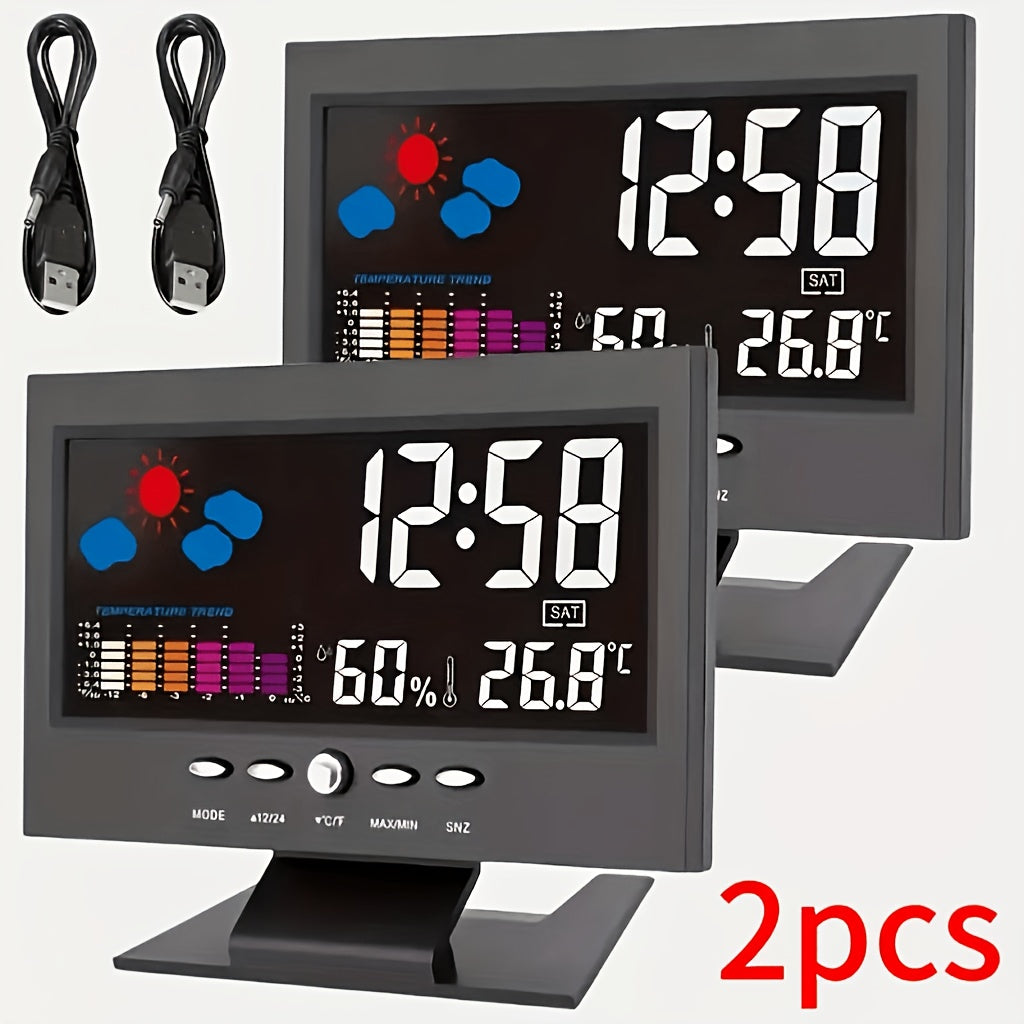 Two Intelligent Weather Stations with Digital Alarms That Monitor Indoor And Outdoor Temperature And Humidity. They Feature a Usb-Powered Desktop Clock with Delay, Adjustable LED Brightness, Automatic Dimming, And a 12/24-Hour Format