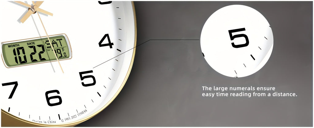 Calendar Analog Wall Clock with Date and Fahrenheit Temperature Display, 10 or 12 Inch Large Number Round Clock in Four Colors for Home and Office