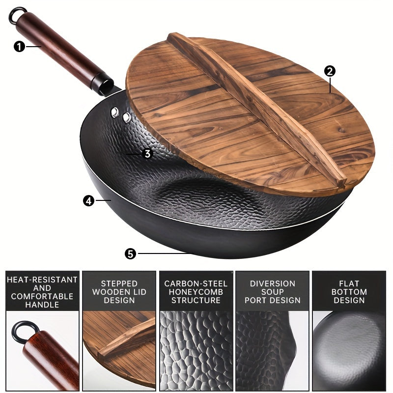 Cast Iron Wok with 11pcs Cookware Accessories, Chinese Wok Pan 12.6 Inch, Stir-fey Pan, Flat Bottom Carbon Stell Wok,, for Induction, Electric, Gas, Halogen, All Stoves, Kitchen Utensils, Kitchen Gadgets, Kitchen Accessories, Home Kitchen Items
