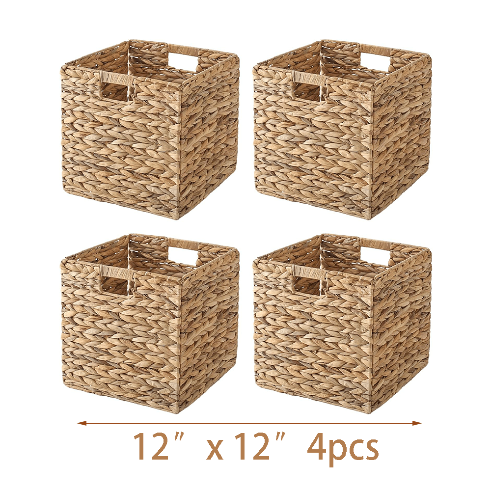 2pcs/4pcs Hyacinth Wicker Baskets Woven Baskets for Storage Baskets for Shelves Water Hyacinth Wicker Storage Basket Square Cub Natural Rattan Basket for Towels, S, Magazines and Kitchen Organizati, Shelf Baskets
